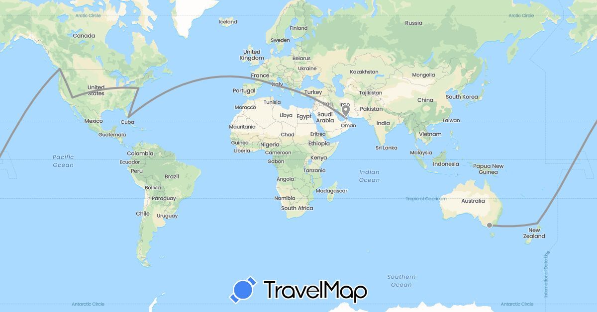 TravelMap itinerary: driving, plane in United Arab Emirates, Australia, Canada, Italy, New Zealand, United States (Asia, Europe, North America, Oceania)